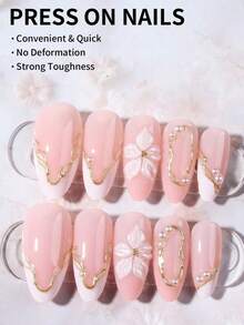 24pcs Almond Shaped 3D Gel Nail Stickers, Floral Nail Art Design, French Tip Style, Medium Size Metal Cross Decor, Pearl Accent, Perfect For Acrylic Nail Tips, Includes: 1pc Jelly Gel And 1pc Nail File. Almond Shaped French Nail Stickers, Suitable For Women's Daily Work, Festivals And Parties. - 多色 6 - 查看 4