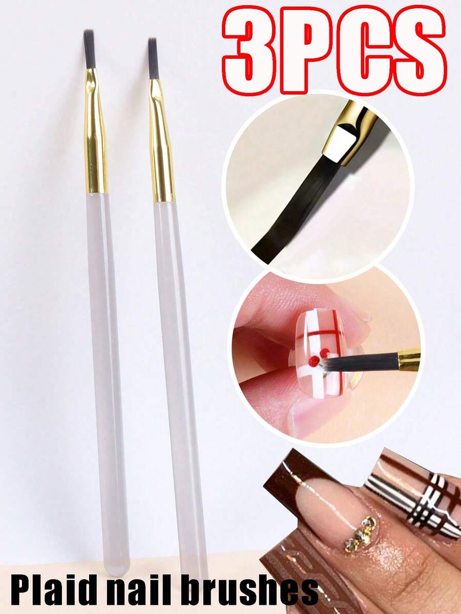 3pcs/2pcs/1pc Plaid Nail Art Brush, Acrylic & Nylon Bristles, Suitable For Checkered/Grid/Mixed Nail Art Design, DIY Nail Art Supplies, Nail Salon Home Tools - Light Grey - View 1