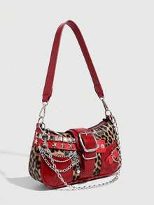 1个Y2K Baddie PU皮革手提包，多功能星月斜挎包，双色链条肩带单肩包，千禧年腋下链条包，时尚派对及礼品袋（女士款） - 紅色 - 查看 4