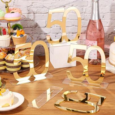 6pcs Mirror Gold Acrylic 50/65th Anniversary Birthday Desktop Decor, Unisex, 50th Anniversary Party Center Decoration, Fashionable