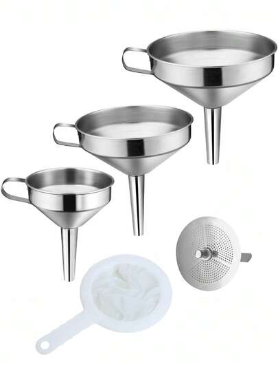 3pcs Stainless Steel Funnel Set, 1/3pcs Set, Stainless Steel Kitchen Funnel Set With Strainer And Mesh, Wide Mouth Funnel Filter For Transferring Liquids, Suitable For Pouring Bottles, Transferring Oil, Juice, Flour, Coffee, Milk, Kitchen Accessories, Kitchen Tools
