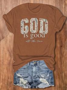 1Pcs Women's "God Is Good" Christian Shirt, Religious Women's T-Shirt, Bible Verse Shirt Gift, Casual Round Neck Short-Sleeved Church Attire, Inspirational Religious Clothing Suitable For Everyday Wear, Creative Christian Gift, Polyester Blend Fabric, Machine Washable. - 咖色 - 查看 4