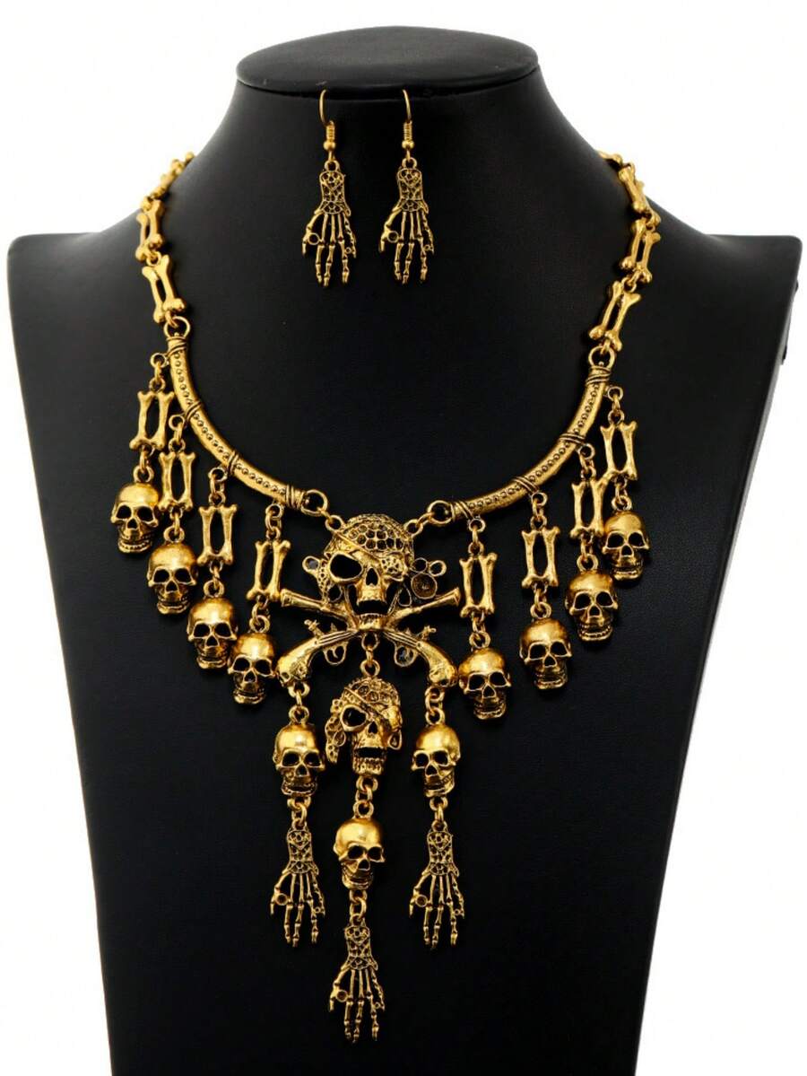 Halloween Party Jewelry Set: Pirate Skull Tassel Necklace, Casual Party Accessories, Cross Skull Necklace Set - X596 - View 1