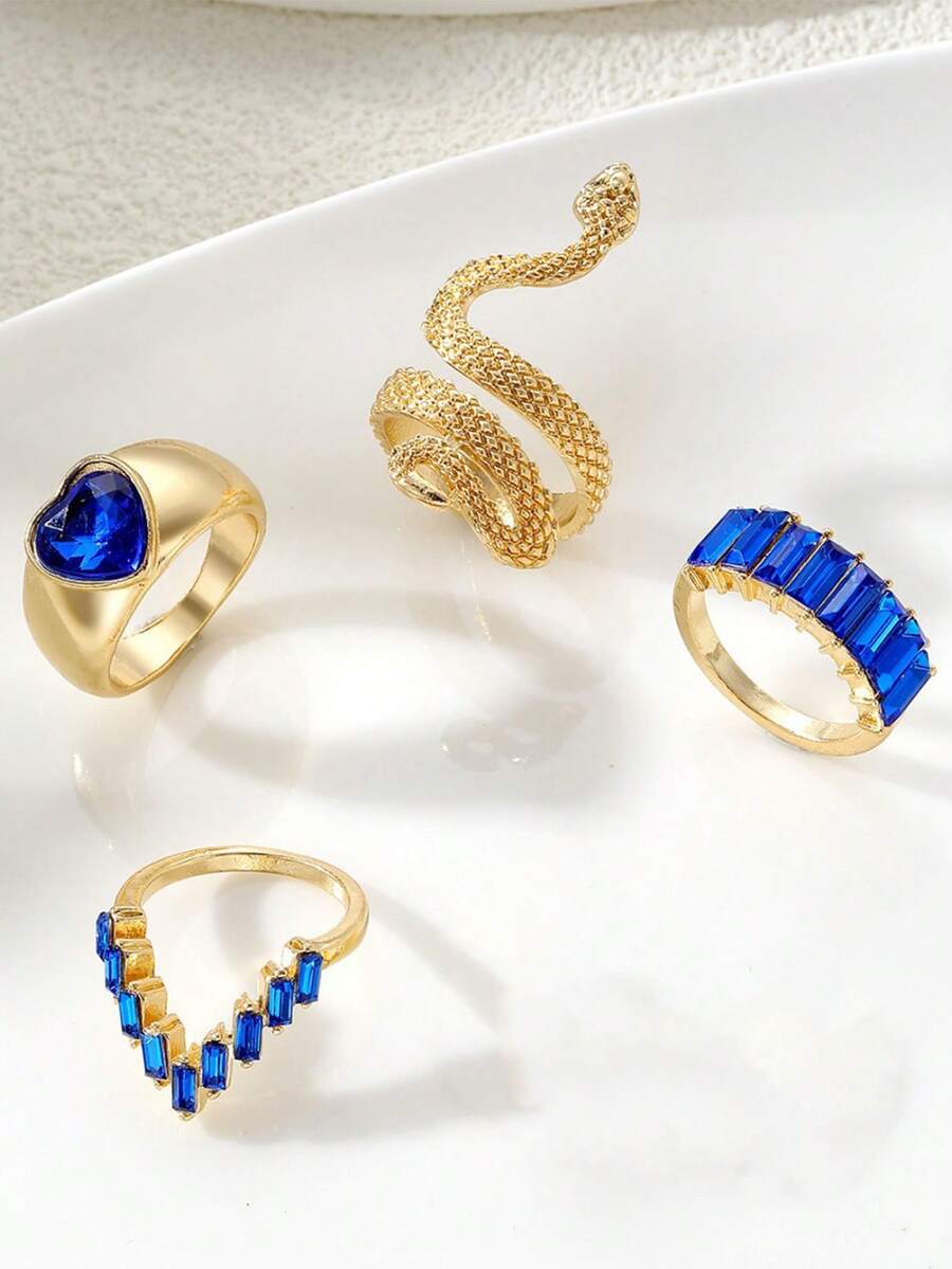 4pcs/Set Jewelry Rings, Snake & Heart Shaped Faux Emerald Rhinestone Inlaid Rings, Ins Style - Multicolor - View 1