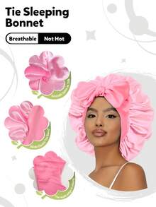 1件套带可调节肩带、发圈和帽子的发帽，适合自然卷发女性 - 多色(純色)飄帶睡帽 - 查看 6