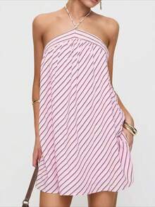 Chica caliente vestido vestido de mujer rayas cuello desnudo espalda vestido dulce chica estilo falso viento playa vestido de mujer alto sentido - p - Ver 2