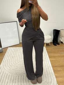 Vaiaye Women's 2-Piece Casual Elegant Solid Color Asymmetrical Hem Shaping Top, Suitable For Valentine's Day And Carnival, Paired With Solid Color Straight Pants, Suitable For Daily Wear, Holiday And Beach Vacation. - Dark Grey - View 6