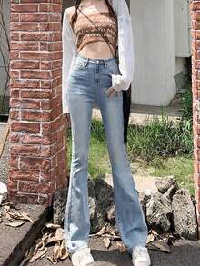 弹力修身蓝色牛仔喇叭裤，休闲街头风，百搭设计，春夏款 - 淺色水洗藍 - 查看 3