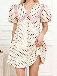 Women's Baby Doll Mini Dress Summer Floral Print Loose Bubble Short Sleeve Collared Dress - 杏色 - 查看 4