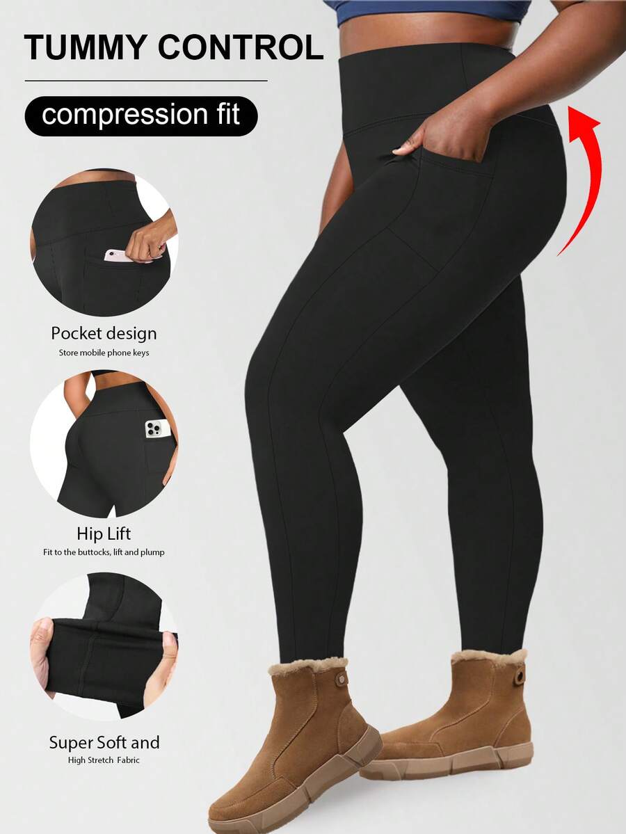 1. Plus Size Women Winter Leggings, Including: Thermal Lined Leggings, Leggings With Sports Drawstring And Pockets, Warm 7/8 Leggings, Black Cuffed Leggings