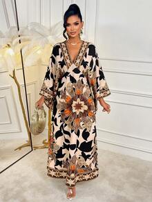 AIJ Amarilo Women's Elegant Floral Print Deep V-Neck Flare Sleeve Dress - Brown - View 1