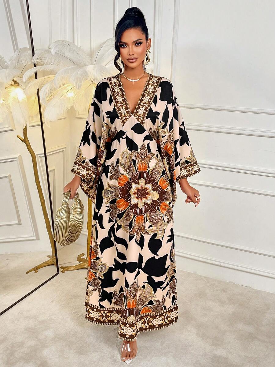 AIJ Amarilo Women's Elegant Floral Print Deep V-Neck Flare Sleeve Dress - Brown - View 1