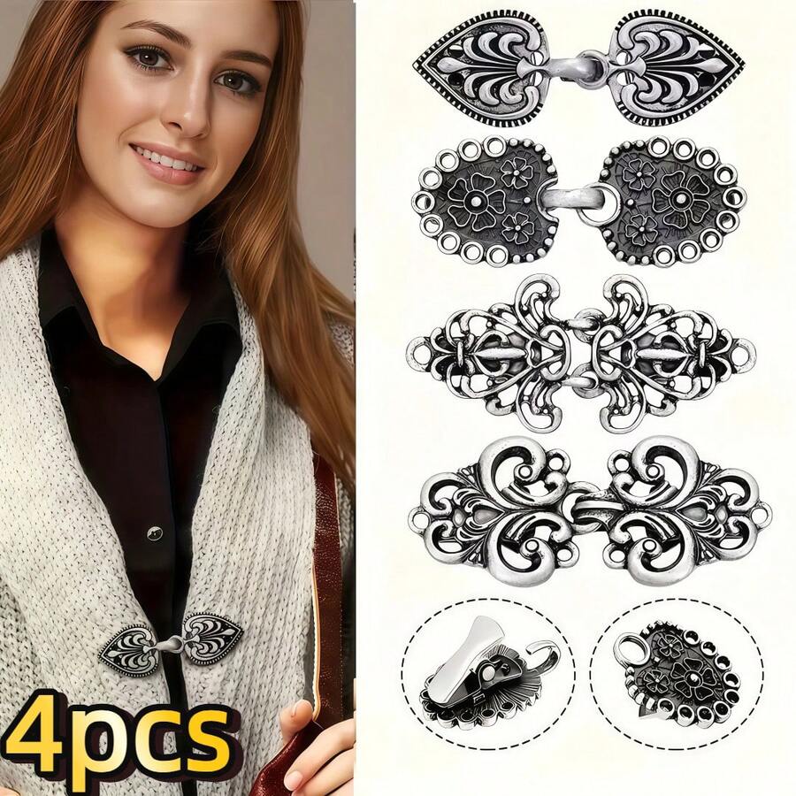 4-Piece Vintage Zinc Alloy Swivel Clasp Set: Elegant Shawl Collar Clip, Cardigan Fastener, Shirt Clip, Coat & Scarf Clip. Available In Antique Silver / Antique Bronze / Gold / Iridescent. A Refined Gift For Both Men And Women, Suitable For Diverse Occasions: Daily Commutes, Office Meetings, Business Trips, Dates And Dinners, Wedding Banquets, Parties, Travel Outfits, And Holiday Styling. - 4件套 - 查看 1