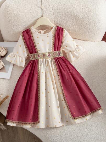 فستان رمضان للبنات الصغيرات، كارديجان برغندي جديد للربيع/الصيف من قماش نقطي معدني أنيق، مزين بتطريز ذهبي، سحاب خفي للارتداء السهل، بتصميم أنيق على طراز الأميرة