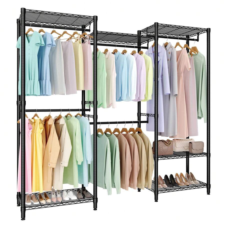 Heavy Duty Clothes Rack,Load 705LBS Garment Rack Portable Closet,Free Standing Closet Organizers With Adjustable Shelves, Hanging Rods For Home - Black 76.5"H X 67.6"L X 15.5"W - View 1