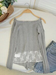 New Sexy Hollow Out Shoulder Long Sleeve Knit Sweater For Women, Contrast Lace Back, Spring/Summer - Gray - View 8