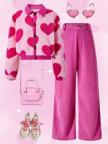 Sweet & Fashionable Girls Pink Faux Leather Jacket Set, Heart Collar Cardigan Paired With Wide Leg Pants, Warm & Comfortable Fabric, Suitable For School, Vacation, Valentine's Day, Travel, Outdoor Wear In Autumn/Winter