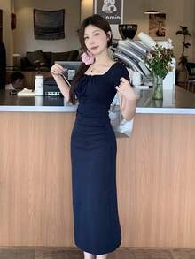 Y6Y French Blue Women's Spring/Summer Sexy Slim Fit Mid-Length Square Neck Dress - Blue - View 4