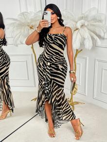 AIJ Amarilo 性感女士长款斑马纹紧身晚礼服，吊带设计，网纱细节，适合派对、夜店及其他特殊场合，黑色 - 查看 3