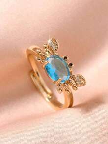 1pc Fancy Adjustable Crab Ring Women, Cute Vintage Summer Beach Style Copper Silver 18K Gold Plated Moonstone Light Blue Animal Rings Jewelry Girls Daily And Party Occasions, Friends - 月光白 - 查看 9