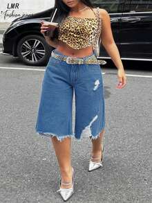 Quần short Bermuda denim dáng rộng cạp trung bình dành cho nữ, kiểu dáng retro rách tua rua, thích hợp mặc mùa hè. - Rửa trung bình - Xem 2
