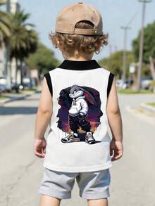 Toddler Boys' Sleeveless Cartoon Rabbit Print Polo Shirt, Creative Design Highlights Personalized, Suitable For Casual Wear In Spring And Summer - Black - View 2
