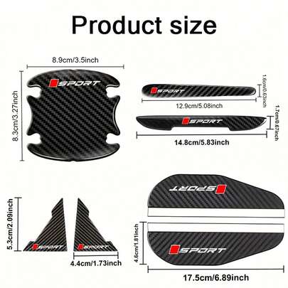 Juego completo de 16 piezas de película protectora con logotipo deportivo de coche, de material de braseado de carbono, que incluye película protectora para pedal de puerta, película protectora para muñeca de puerta, tira protectora para espejo retrovisor y protector de esquina de borde de puerta, adecuado para todos los modelos de vehículos