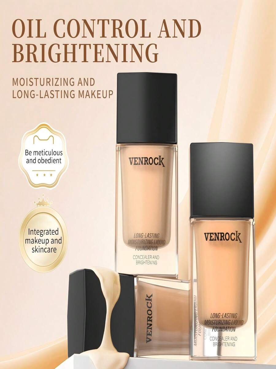 VENROCK Fundación Líquida Hidratante de Larga Duración 24HR | Radiante, Resistente al Agua, Cubriente y Control de Grasa (01# Blanco Marfil, 30ml) (02# Beige, 30ml) - Vainilla - Ver 1