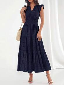 Womens Boho Maxi Dresses  Summer Floral Lace Eyelet V Neck Spring Wedding Guest Dress Beach Vacation Clothes - 藏蓝色 - 查看 6
