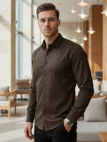 男士連結襯衫，常規版型，長袖，經典領型，可調節袖口，男士正式商務襯衫，棉、聚酯纖維、氨綸混紡面料，質地順滑，適合日常穿著。 - 巧克力棕 - 查看 3
