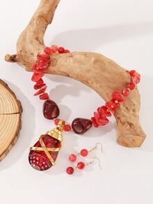 1 Set Exaggerated Multi-Layer Handmade Aluminum Wire Woven Resin Acrylic Chain Bohemian European Middle Eastern Style Elegant Crystal Shape Necklace & Earrings Set, Suitable For Evening Party, Vacation - Red - View 6