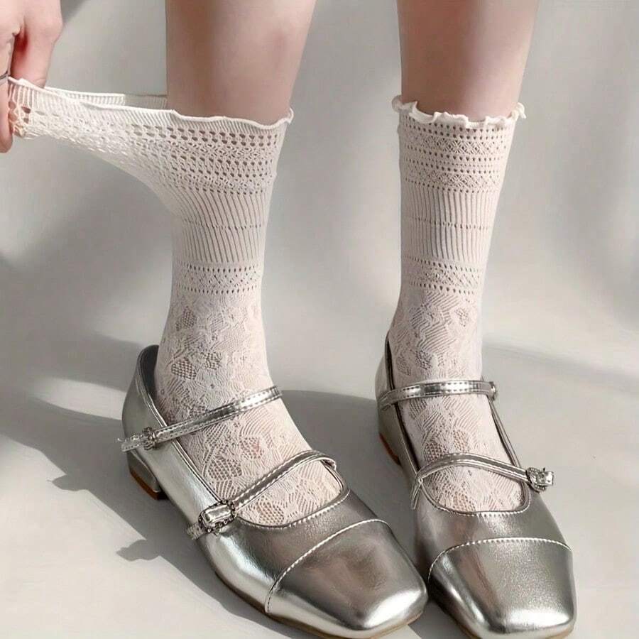 1双荷叶边镂空网眼过膝袜，可爱JK日系风格 - 彩色 - 查看 1