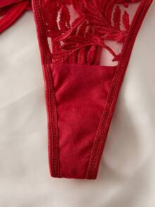 两件套女士性感内衣套装，酒红色，超薄透气网纱，花卉刺绣，纯洁迷人，包含文胸和丁字裤；情人节约会的完美之选 - 酒紅色 - 查看 6