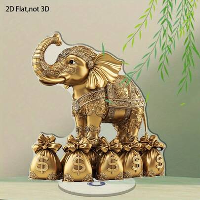 2D Rotatable Golden Elephant Desktop Decor - Luxurious Wealth Ornament With Money Bag, Stable Base, No Electricity Needed, Ideal Business Or Housewarming Gift, Exquisite Craftsmanship, Auspicious Feng Shui