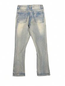 Jeans acampanados bordados, jeans de mezclilla para hombres con letras bordadas, jeans ajustados con pierna acampanada, jeans acampanados desgastados con parches, jeans lavados apilados Y2K, jeans bordados con lavado en contraste, aptos para todas las estaciones - Amarillo - Ver 5