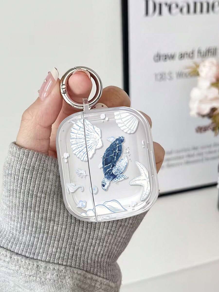 Turtle Shell & Seashell Painted Protective Case With Button Compatible With Apple 1/2/3/4, Transparent Soft Shell Cover Compatible With Airpods Pro 2nd/3rd/4th Gen Wireless Bluetooth Earphones, Suitable For Women - Multicolor - View 1