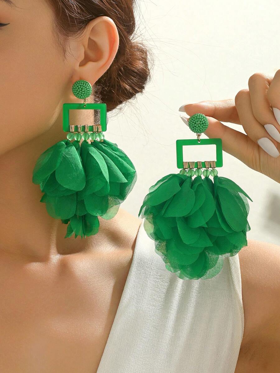 Bohemian Green Chiffon Petal Drop Earrings Handmade Layered Fabric Dangle Earrings For Women Tropics Vacation Beach Party Jewelry - E2846-green - View 1