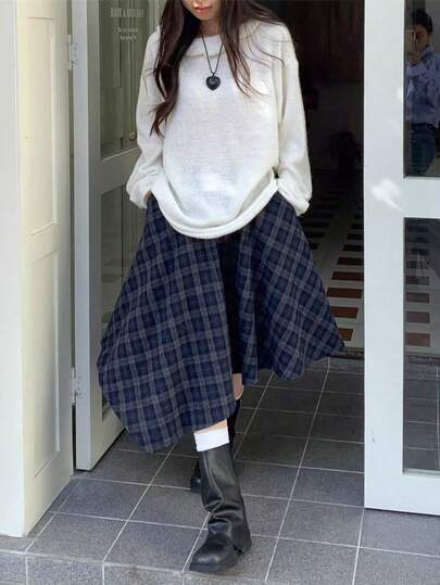 Vintage Asymmetrical Brushed Plaid A-Line Skirt, Spring