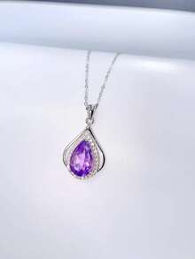 BLOVEMEE 1pc Fashionable Luxury 925 Silver Purple Crystal Necklace, Suitable For Women's Daily Wear, Party, Vacation, Valentine's Day, Mother's Day, Wedding Anniversary, Women's Jewelry Gift - Purple - View 5