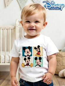 This Disney Mickey Mouse Grid Pattern Casual And Simple Crew Neck Short-Sleeved T-Shirt Is Designed For Both Baby Boys And Girls, Making It An Ideal Choice For Summer Wear. - 白色 - 查看 1