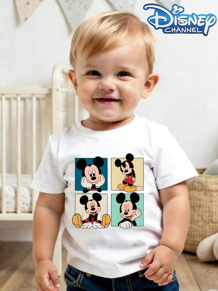 This Disney Mickey Mouse Grid Pattern Casual And Simple Crew Neck Short-Sleeved T-Shirt Is Designed For Both Baby Boys And Girls, Making It An Ideal Choice For Summer Wear. - 白色 - 查看 1