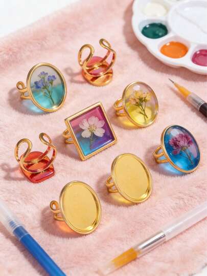 1个不锈钢可调节戒指，圆形、方形、椭圆形尺寸可选，镶嵌空心底部玻璃珠，DIY珠宝配件戒指