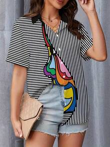 2025 New Women's Colorful Abstract Print Shirt - Black And White Stripes With Pink, Green, Yellow, Orange - Lightweight And Breathable Button-Up Top With Structured Collar And Short Sleeves, Machine Washable For Summer Office And Casual Wear - Vibrant Colorful Abstract Design In Pink, Green, Yellow, Orange - Loose Fit For Warm Weather - Fashionable And Versatile Professional Wear, Women's Tops And Shirts, Women's Tops And Shirts, Women's Tops, Women's Tops, Women's Shirts, Women's Tops And Shirts, Women's Summer Tops, Women's Tops, Women's Shirts, Women's Office Wear - trắng - Xem 4