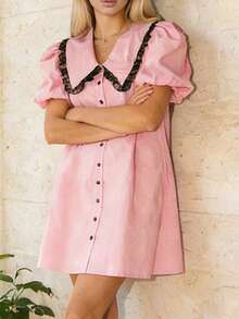 Women's Baby Doll Mini Dress Summer Floral Print Loose Bubble Short Sleeve Collared Dress - Hồng - Xem 2