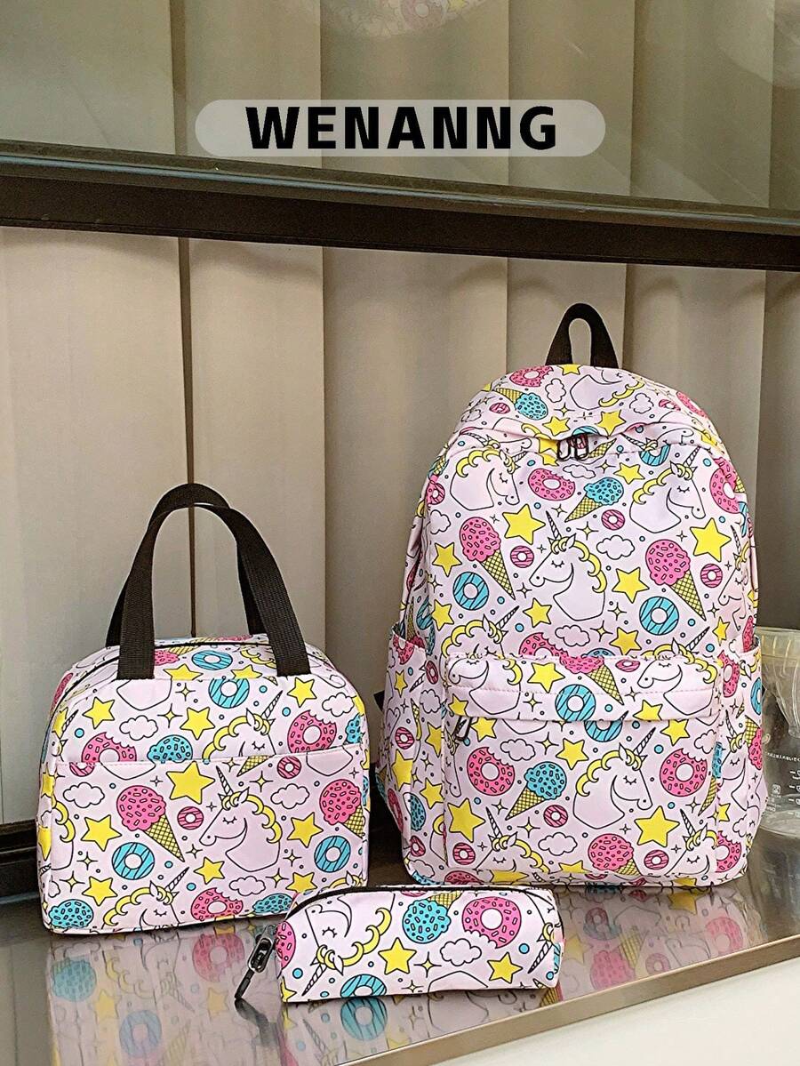 3 Peças Conjunto de Mochila Fashionable Preppy Sorvete/Unicórnio, Mochila e Bolsa Térmica e Estojo de Lápis, com Compartimento para Laptop, Alça Ajustável e Vários Bolsos, Conjunto de Mochila Escolar Multifuncional de Alta Capacidade, Ideia para Meninas/Estudantes Universitários/Graduados para Uso Diário/Férias/Viagem/Volta às Aulas - Rosa chiclete - Visão 1