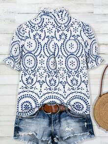 Women's Fashion Casual Comfortable Bamboo Print Shirred Ruffle Sleeve Blouse Vacation Summer - Blue and White - View 2