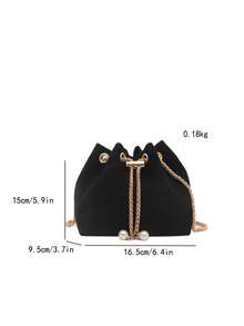1pc Fashionable Solid Color Chain Strap Mini Bucket Shoulder Crossbody Bag - Black - View 7