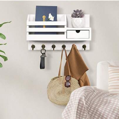 1 PC Keychain Wall-Mounted Type: Wall Key And Letter Holder, With 6 Hooks And Storage Drawer, Wooden Wall-Mounted Type, Mailbox Envelope Rack, Entrance Hall Key Rack, Wall-Mounted Bedroom Closet Rack, Solid Wood Storage Rack, Convenient For Installing Key Rack For Home Decoration At The Entrance.
