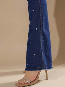 pthirillo Women's Dark Blue Flare Jeans With Butt-Lifting, High Waist, And Rhinestone Detail - Premium Rhinestone Jeans - 水鑽圓點 - 查看 4
