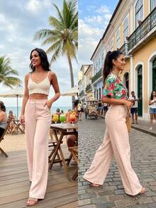 Simple Pocket, Contrasting Waistband, Zipper, Close-Up - Beis - Ver 3